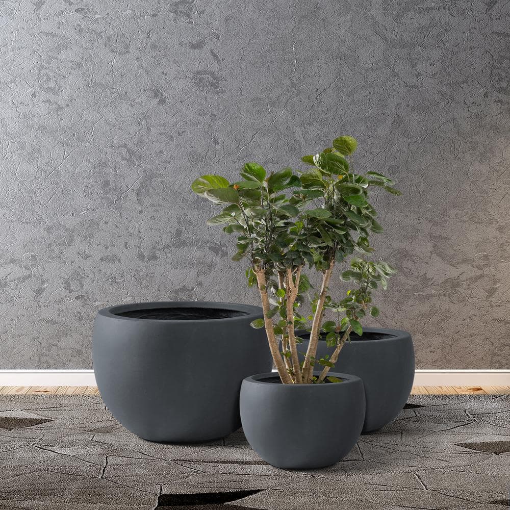 KANTE 13 in. Tall Charcoal Lightweight Concrete Round Outdoor Planter (Set of 3) RC0049ABC-C60121