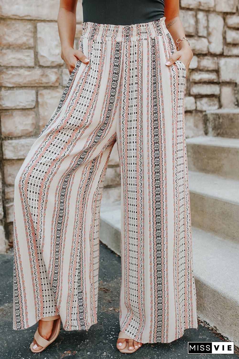 White Geometric Pattern Shirred Wide Leg Plus Size Pants