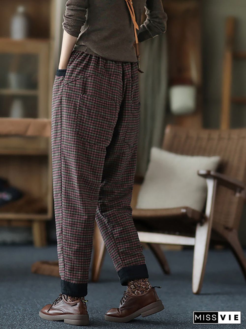 Plus Size Women Cotton Linen Plaid Elastic Waist Pants