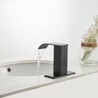 BWE Waterfall Automatic Sensor Touchless Bathroom Sink Faucet With Pop Up Drain With Overflow  Deck Plate In Matte Black A-918139-B