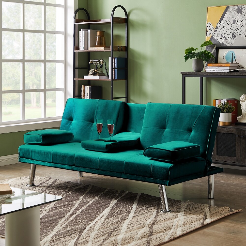 Velvet Upholstered Loveseat Bed Modern Convertible Futon Sofa Bed Folding Backrest Sleeper Sofa w/ Console   Cup Holders  Green