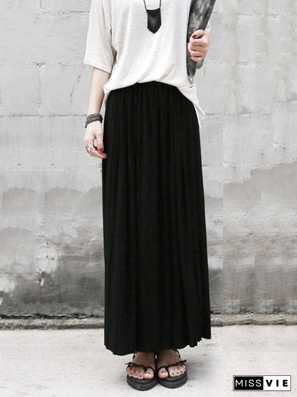 Casual Solid Color Elasticity Waist Pleated Skirts