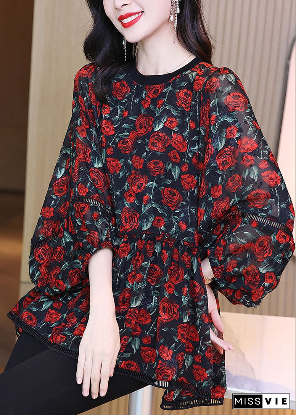 Plus Size Red O-Neck Print Wrinkled Chiffon Shirt Long Sleeve