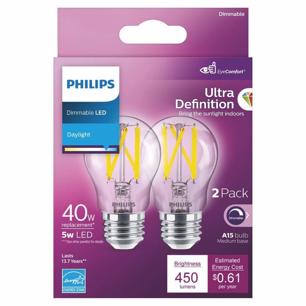 Philips 40-Watt Equivalent A15 Ultra Definition Dimmable Clear Glass E26 LED Light Bulb Daylight 5000K (2-Pack) 564328