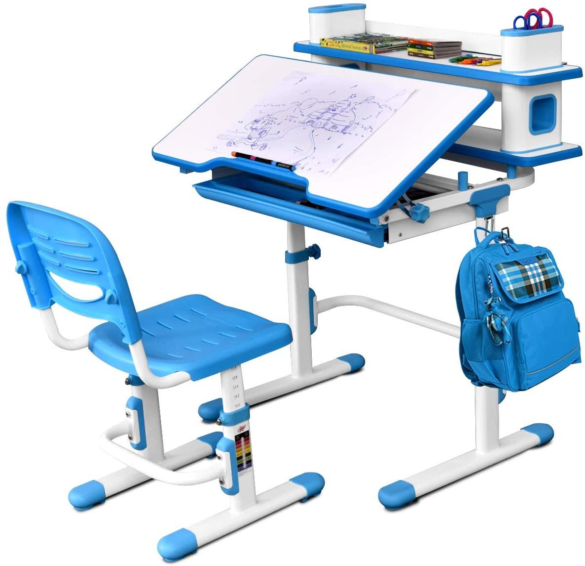 Baby Joy Kids Desk and Chair Set, Height Adjustable, Student Study Table with Storage Drawer