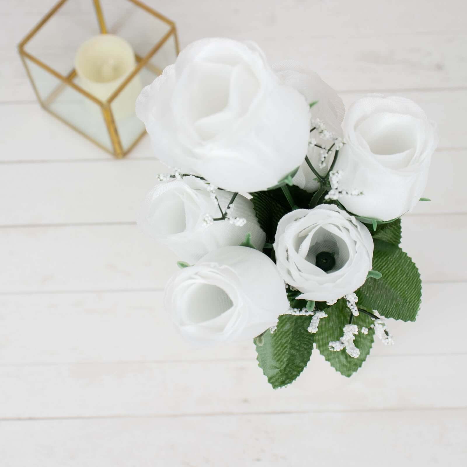 12 Bushes White Artificial Premium Silk Flower Rose Bud Bouquets