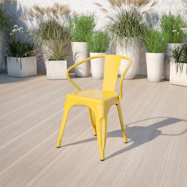 Luna Commercial Grade Yellow Metal Indoor-Outdoor Chair with Arms