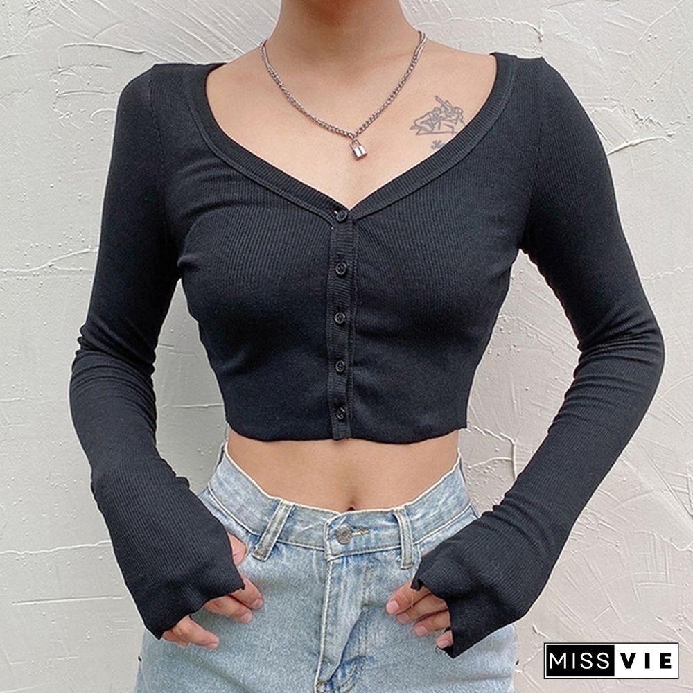 Women Spring Fashion Sexy Slim Knitted V-neck Crop Tops Cardigan Ladies Long Sleeve T-shirt Sweater