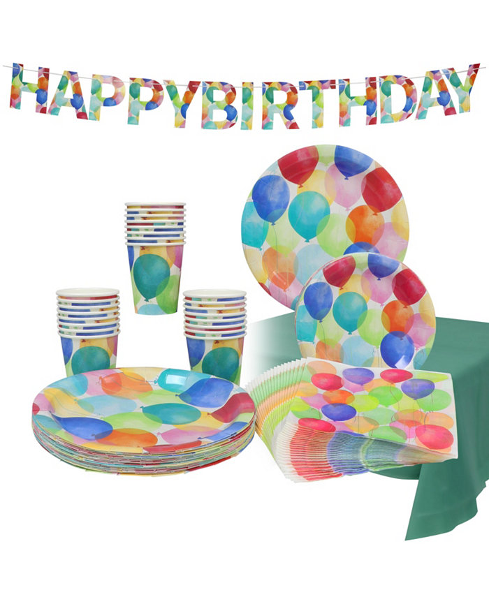 Puleo Disposable Birthday Party Set Serves 24 with Large and Small Paper Plates Paper Cups Straws Napkins Tablecloth and Banner