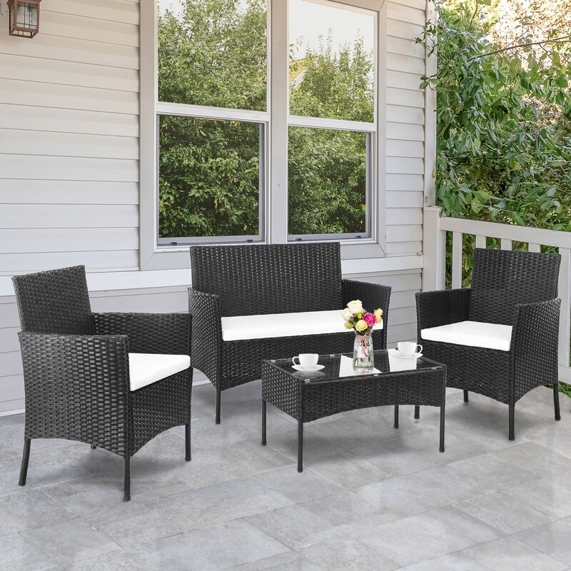 Outdoor 4 Piece Black Wicker Rattan Conversation Set with Beige Cushion