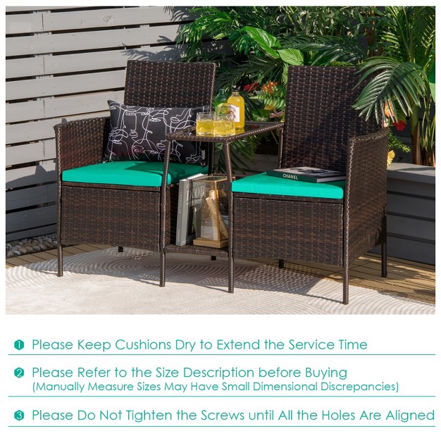 Tangkula Patio Loveseat 2 Person Cushioned Seats With Center Table Outdoor Rattan Furniture Set Turquoise Red