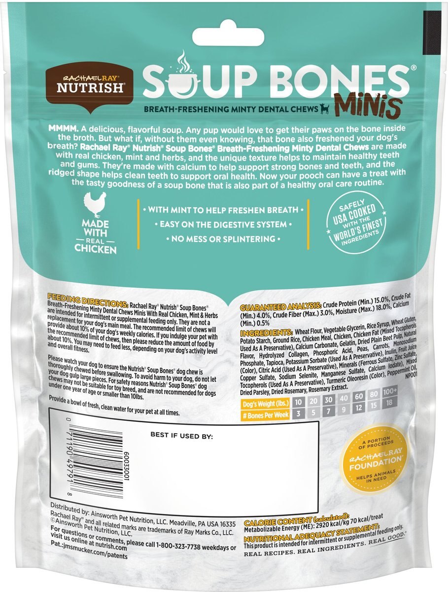 Rachael Ray Nutrish Soup Bones Minis Breath-Freshening Minty Dog Dental Treat， 3.8-oz pouch， 8 count