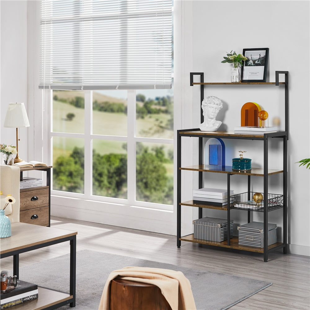 Topeakmart Kitchen Baker's Rack Utility Storage Shelf Unit With 4 Storage Shelves and 6 Hooks， Rustic Brown