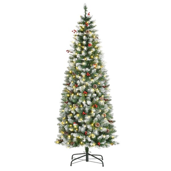 PreLit SnowDusted Artificial Christmas Tree with Realistic Branches，LED Lights，Pine Cones，Red Berries