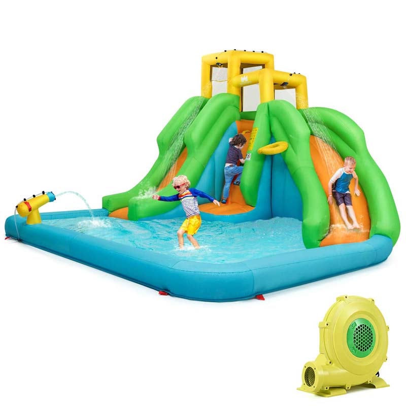 6-in-1 Kids Inflatable Bounce House Dual Slides Water Park with Climbing Wall, Splash Pool, Water Cannon, Air Blower