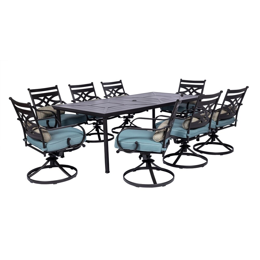 Hanover Montclair 9 Piece Dining Set in Ocean Blue with 8 Swivel Rockers and a 42 In. x 84 In. Table