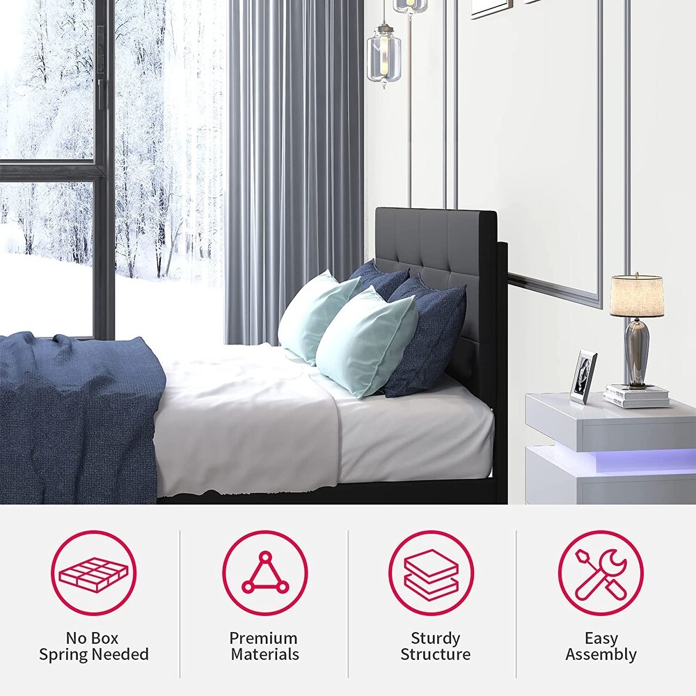 Mixoy Bed Frame with Smart RGB LED Lights Button Tufted Headboard PVC Fabric Upholstered Platform No Box Spring Needed