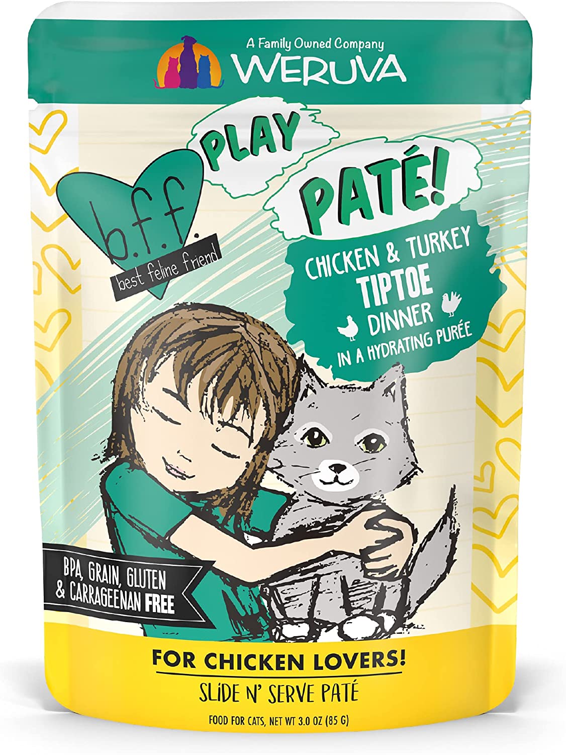 Weruva Wet Cat Food B.F.F. PLAY - Best Feline Friend Paté Lovers， Aw Yeah!， Chicken and Turkey Tiptoe with Chicken and Turkey， 3oz Pouch (Pack of 12)