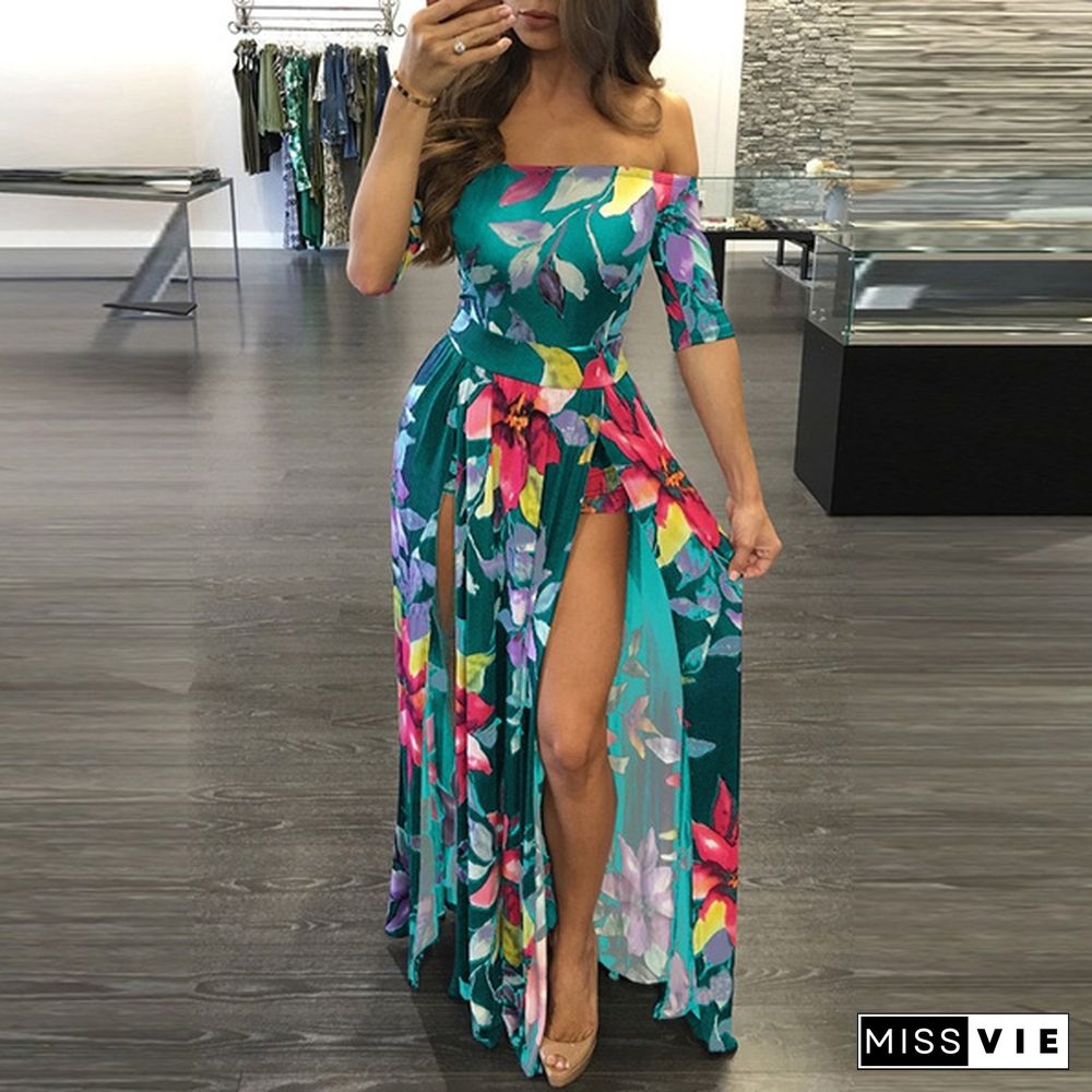 High Slit Off Shoulder Floral Maxi Dress