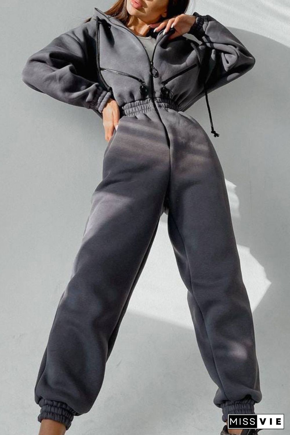 Street Solid Patchwork Hooded Collar Jumpsuits