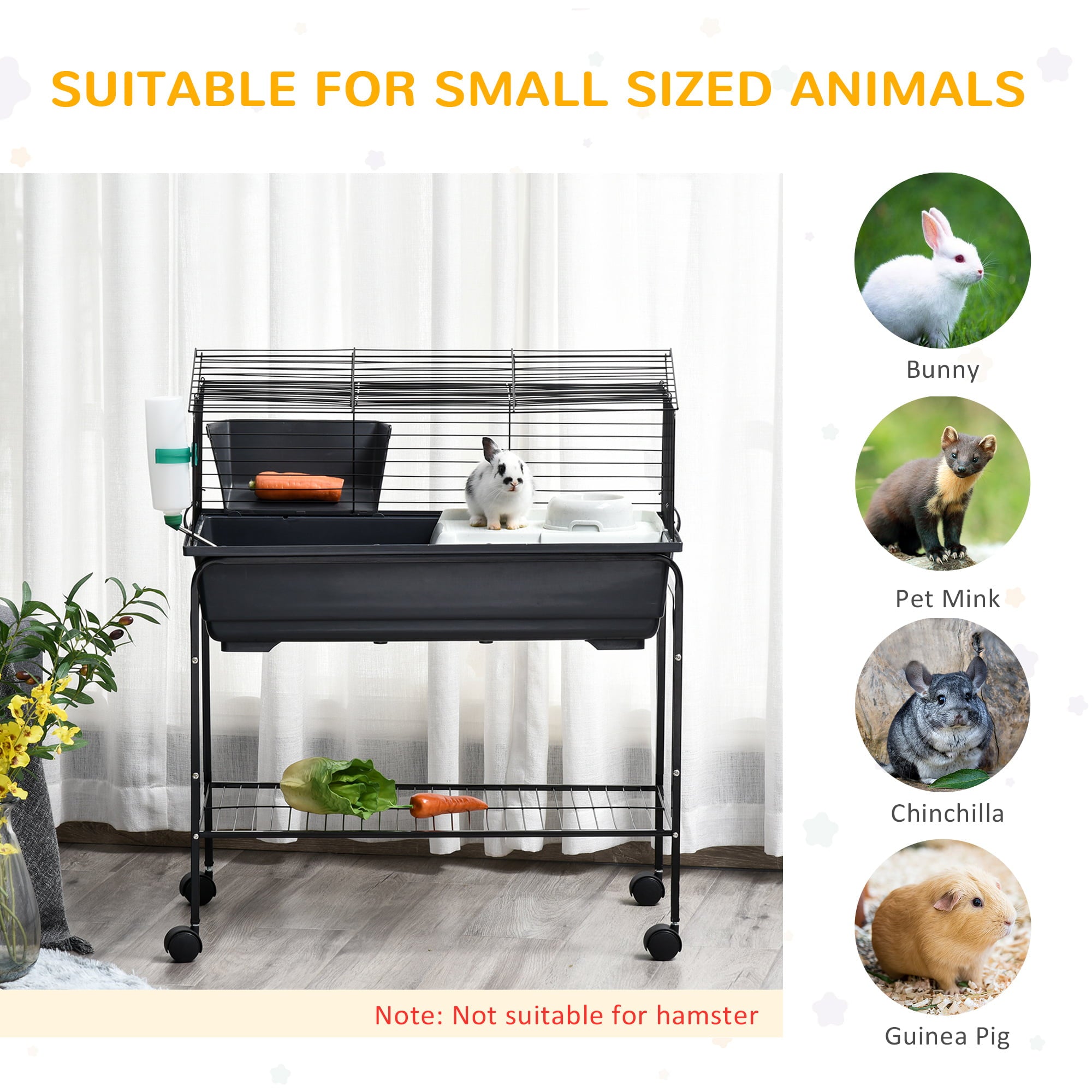 Pawhut Small Animal Cage Rolling Guinea Pig Hutch with Detachable Stand Storage Shelf Feeder Water bottle 31