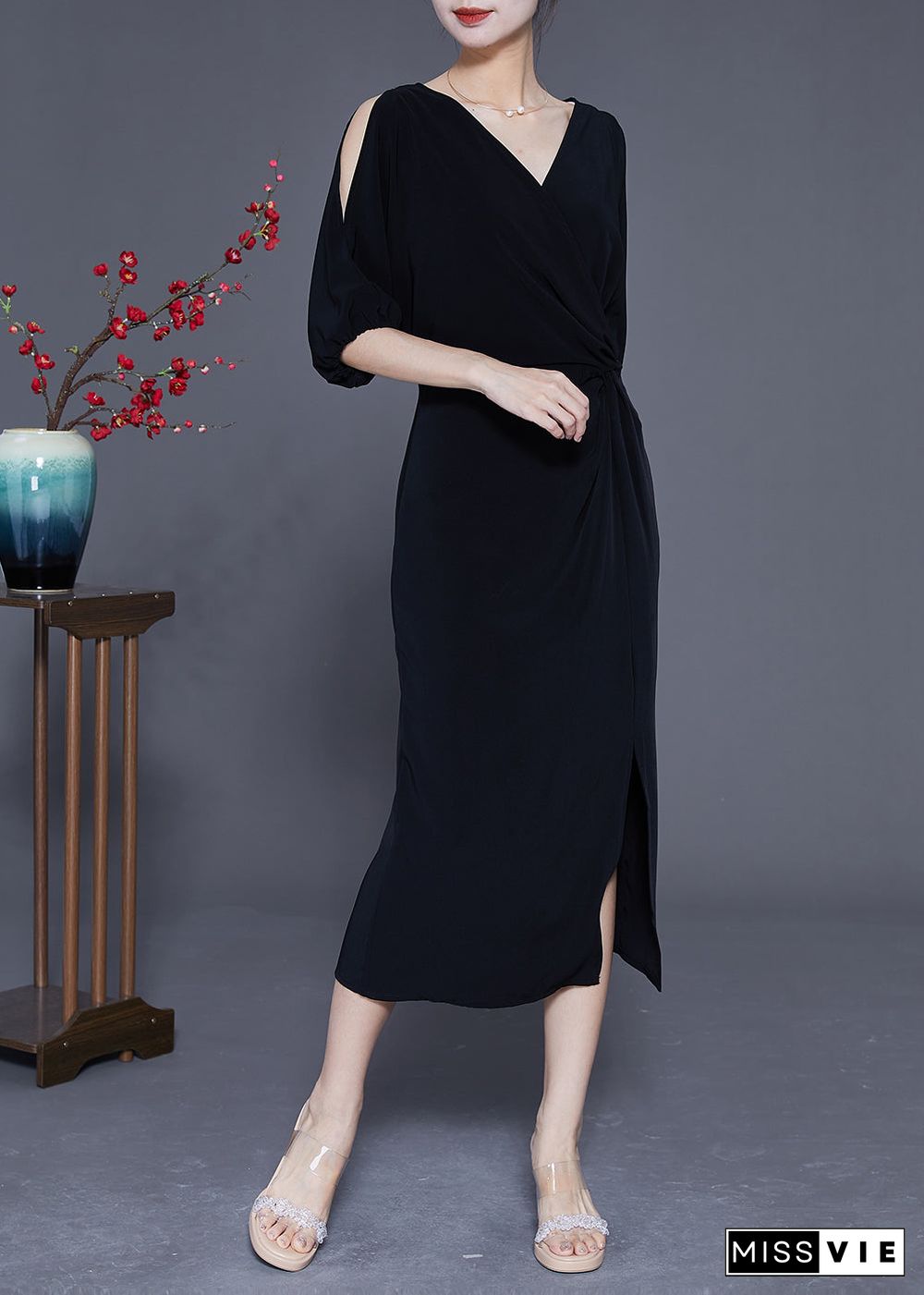 Sexy Black V Neck Cold Shoulder Side Open Party Dress Summer