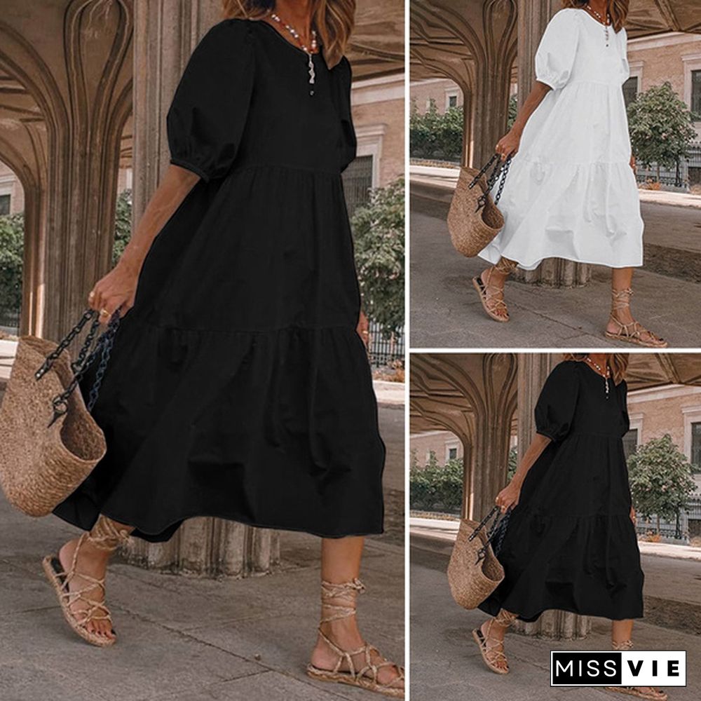 100% Cotton Women Puff Sleeve Party Long Dress Casual Loose Flare Holiday Dresses