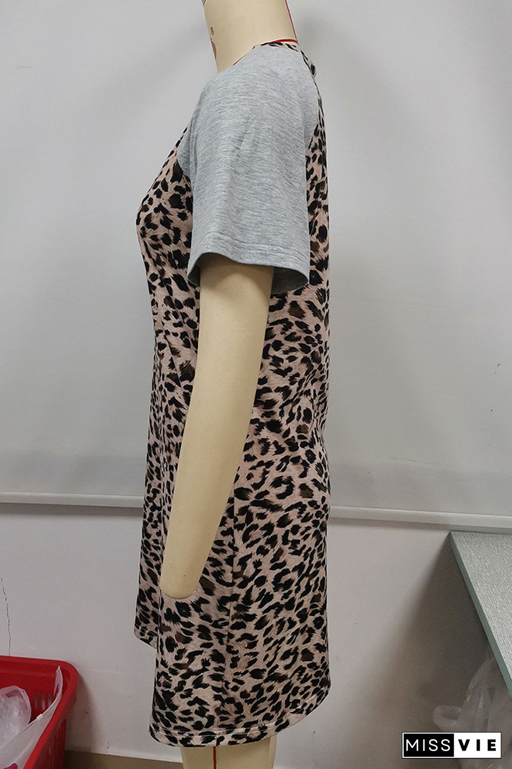 Leopard Print Splicing O-neck Short Sleeve Mid-length Dress Wholesale