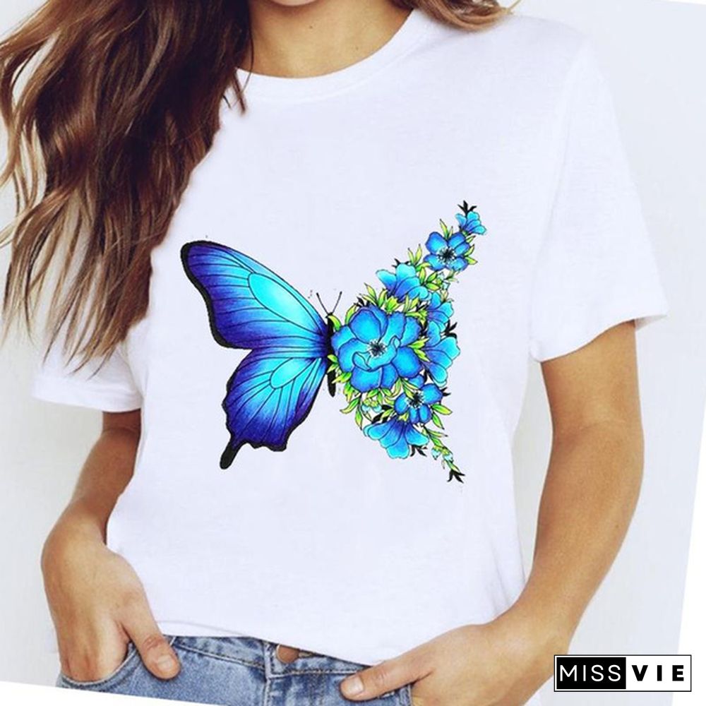 Women flower butterfly lovely style printing tshirt casual T tee top fashion clothes cartoon print lady female clothing graphic short sleeve t-shirt