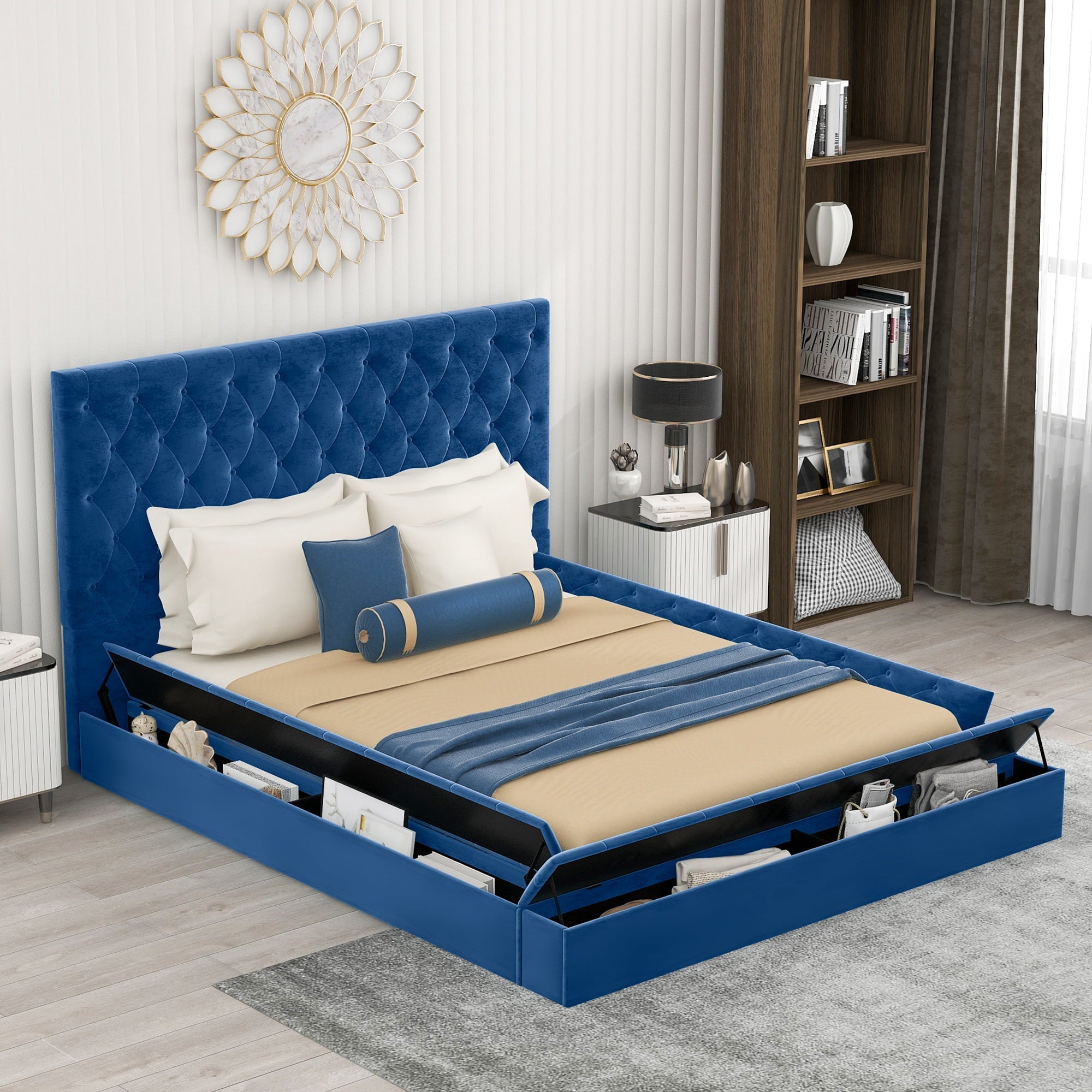 EUROCO Tufted Upholstery Platform Bed with Storage Compartments, Full for Kids Bedroom, Blue