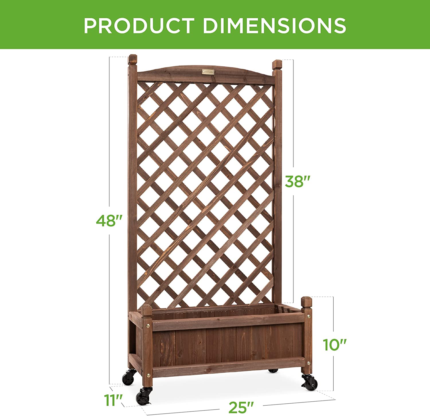 Set of 2 48in Wood Planter Box & Diamond Lattice Trellis, Mobile Outdoor Raised Garden Bed for Climbing Plants w/Drainage Holes, Optional Wheels - Walnut