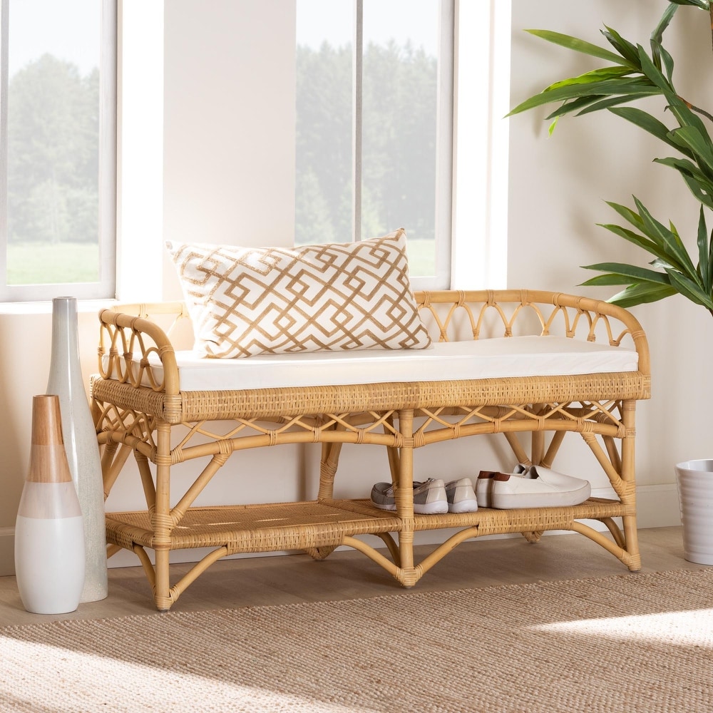 Leryn Modern Bohemian Natural Brown Rattan Bench