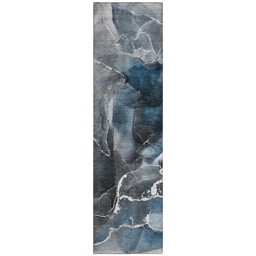 Machine Washable Indoor/ Outdoor Chantille Abstract Blue Rug