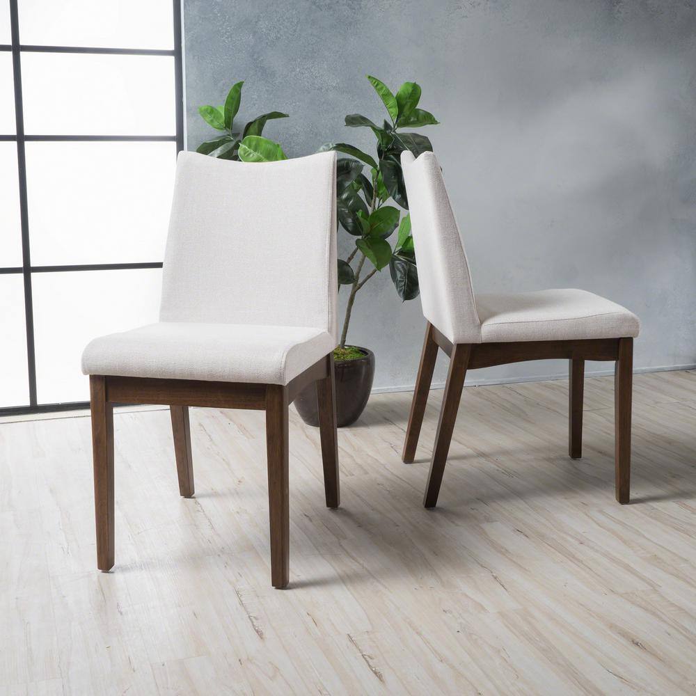 Noble House Dimitri Light Beige and Walnut Fabric Upholstered Dining Chair (Set of 2) 11234