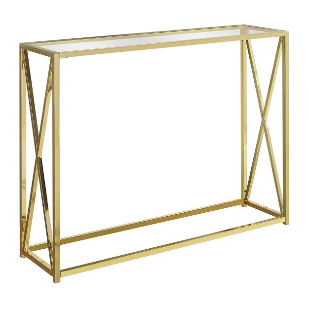 Monarch Specialties 42 25 Inch Modern Chic Glass Top Metal Frame Console Accent Table With Criss cross Legs For Living Rooms And Offices Gold