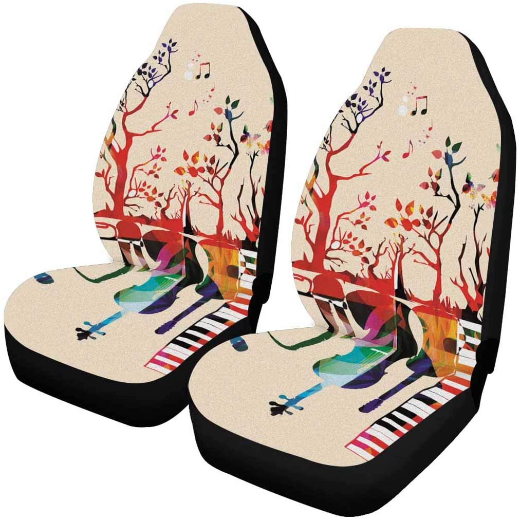 FMSHPON Set of 2 Car Seat Covers Music Instruments Piano Keyboard Guitar Trumpet Microphone Saxophone Violoncello Universal Auto Front Seats Protector Fits for Car，SUV Sedan，Truck