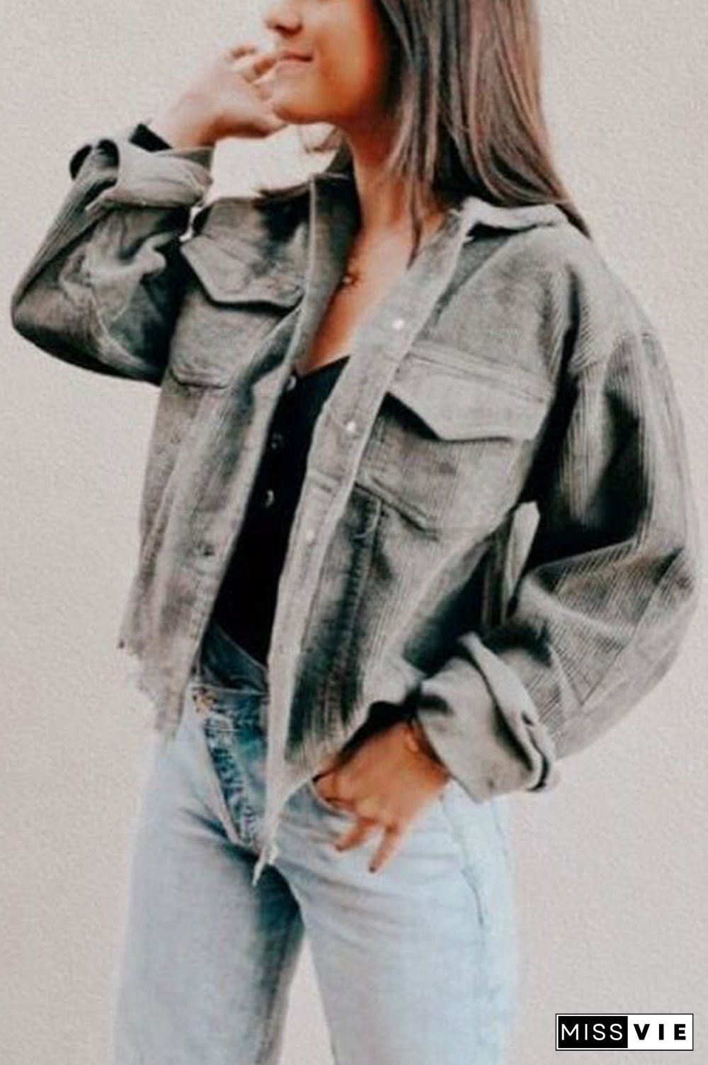 Frayed Hem Cropped Corduroy Jacket