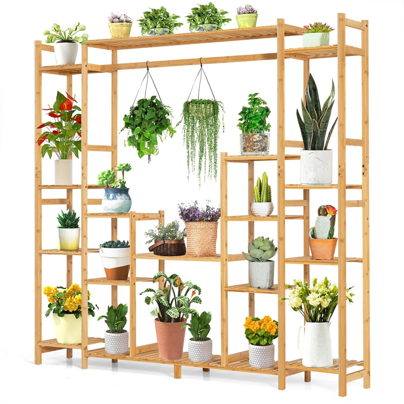 9-Tier Bamboo Plant Stand 2-In-1 High-Low Potted Plant Holder Shelf with Hanging Rack