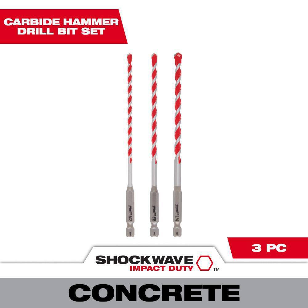 MW SHOCKWAVE Carbide Hammer Drill Bit Kit (3-Piece) for Concrete Stone Masonry Drilling 48-20-9050