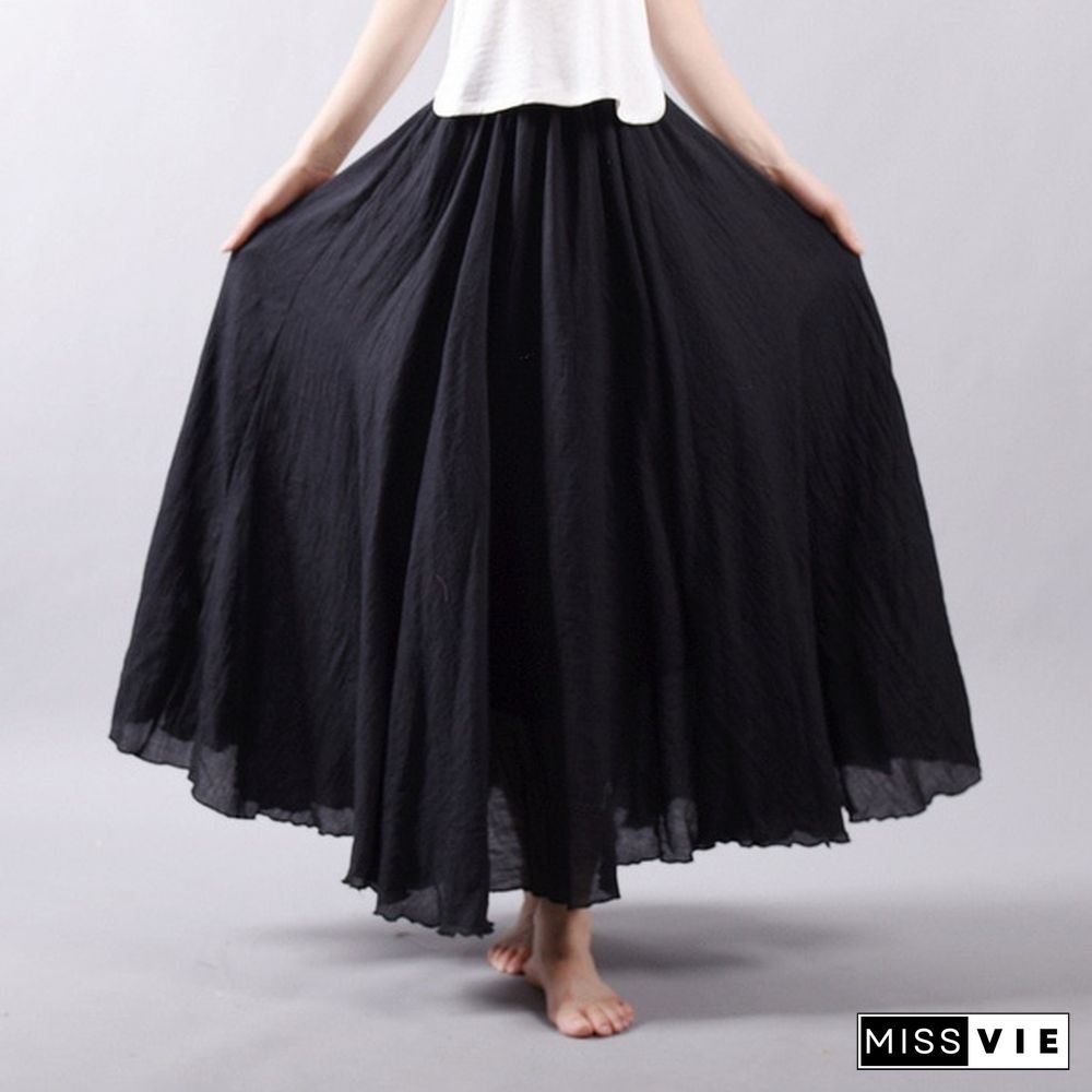 Women Linen Cotton Long Skirts Elastic Waist Pleated Maxi Skirts Beach Boho Vintage Summer Skirts Faldas Saia