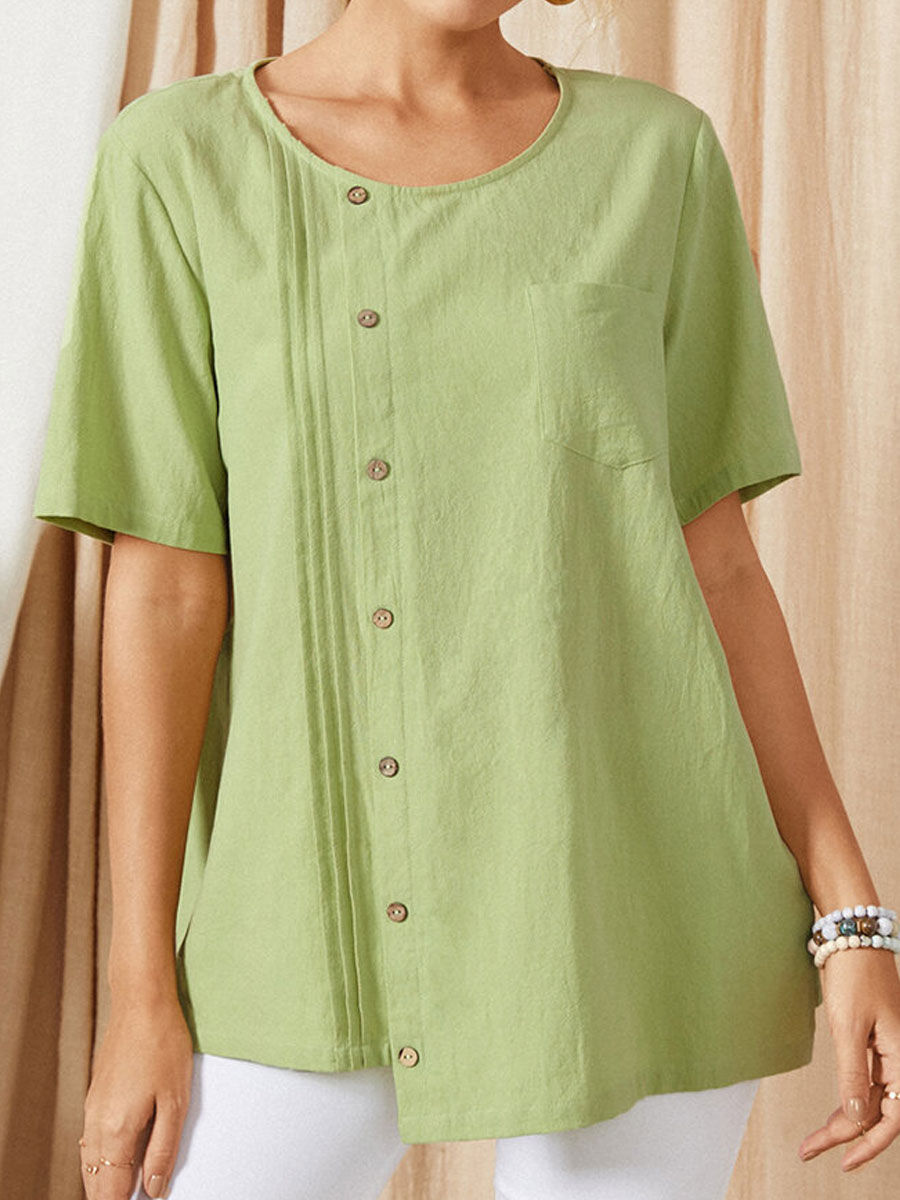 Round Neck Casual Loose Solid Color Short-sleeved Blouse