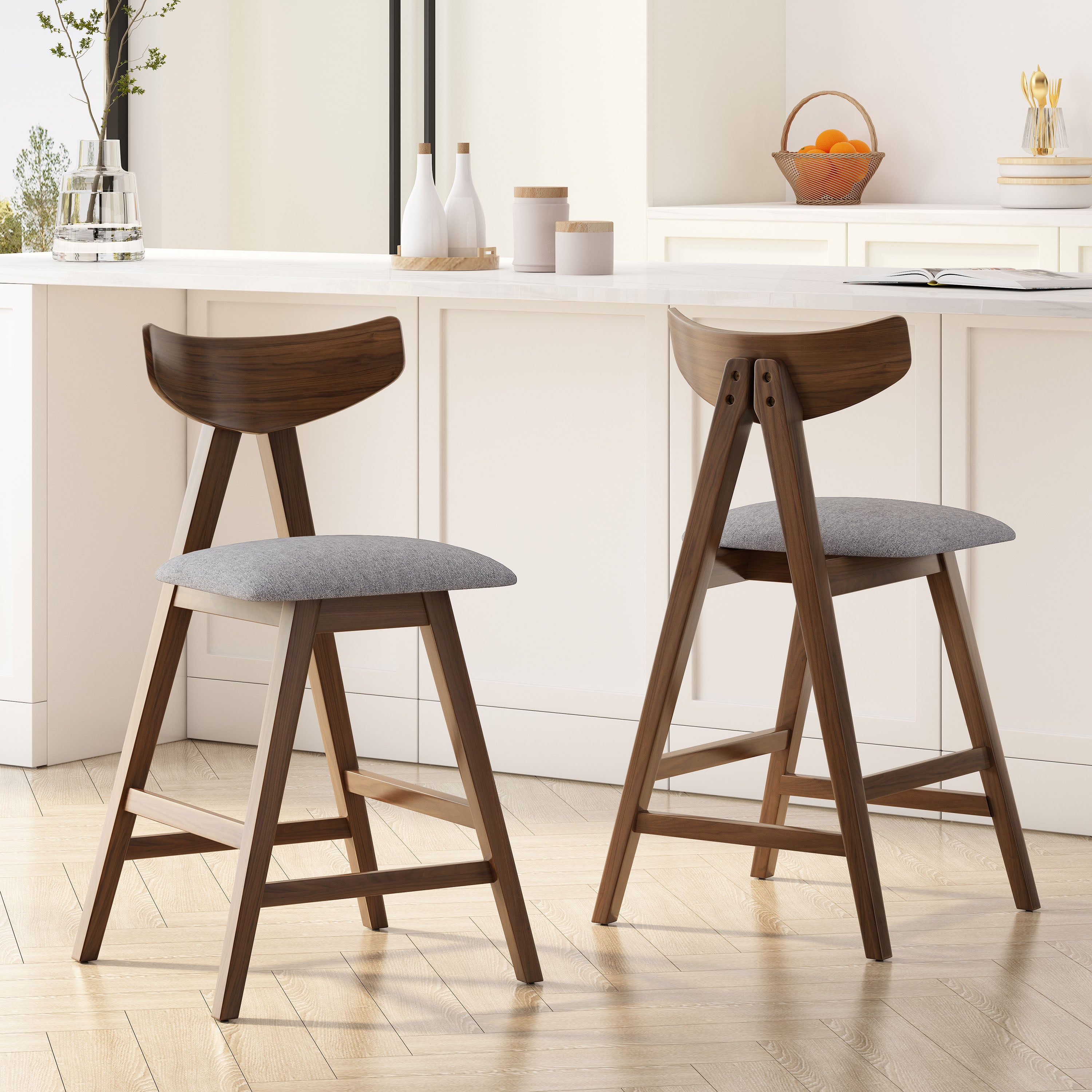 Sunapee Mid Century Modern Fabric Upholstered Wood Counter Stools, Set of 2