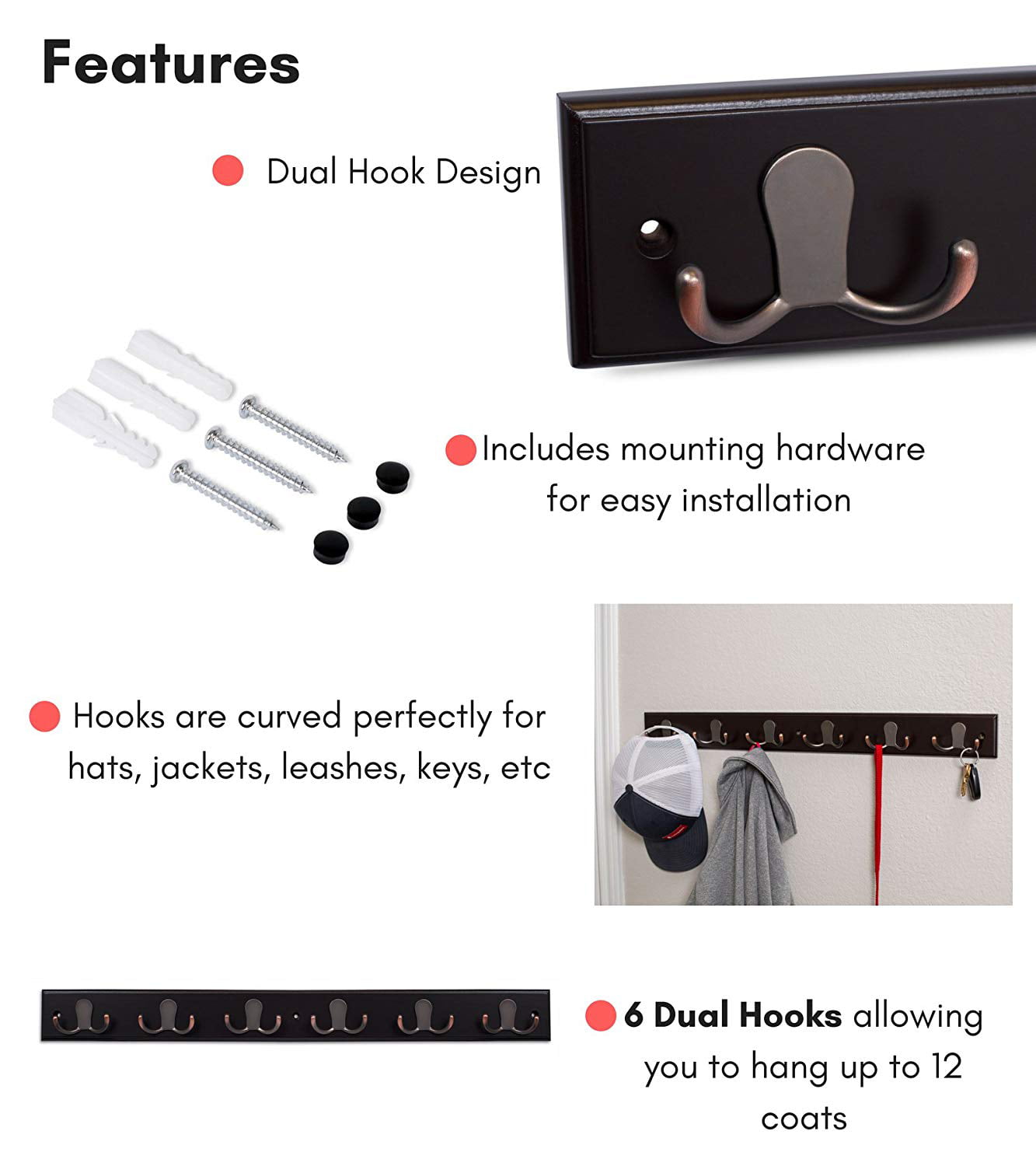 BirdRock Home Dual Hook Coat and Hat Rack - 6 Dual Hooks