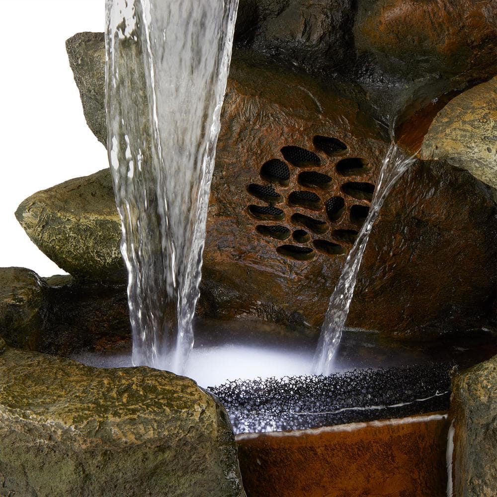 Alpine Corporation 51 in. Tall Outdoor Rainforest Floor Tiered Fountain with LED Lights and Bluetooth Speaker TZL199