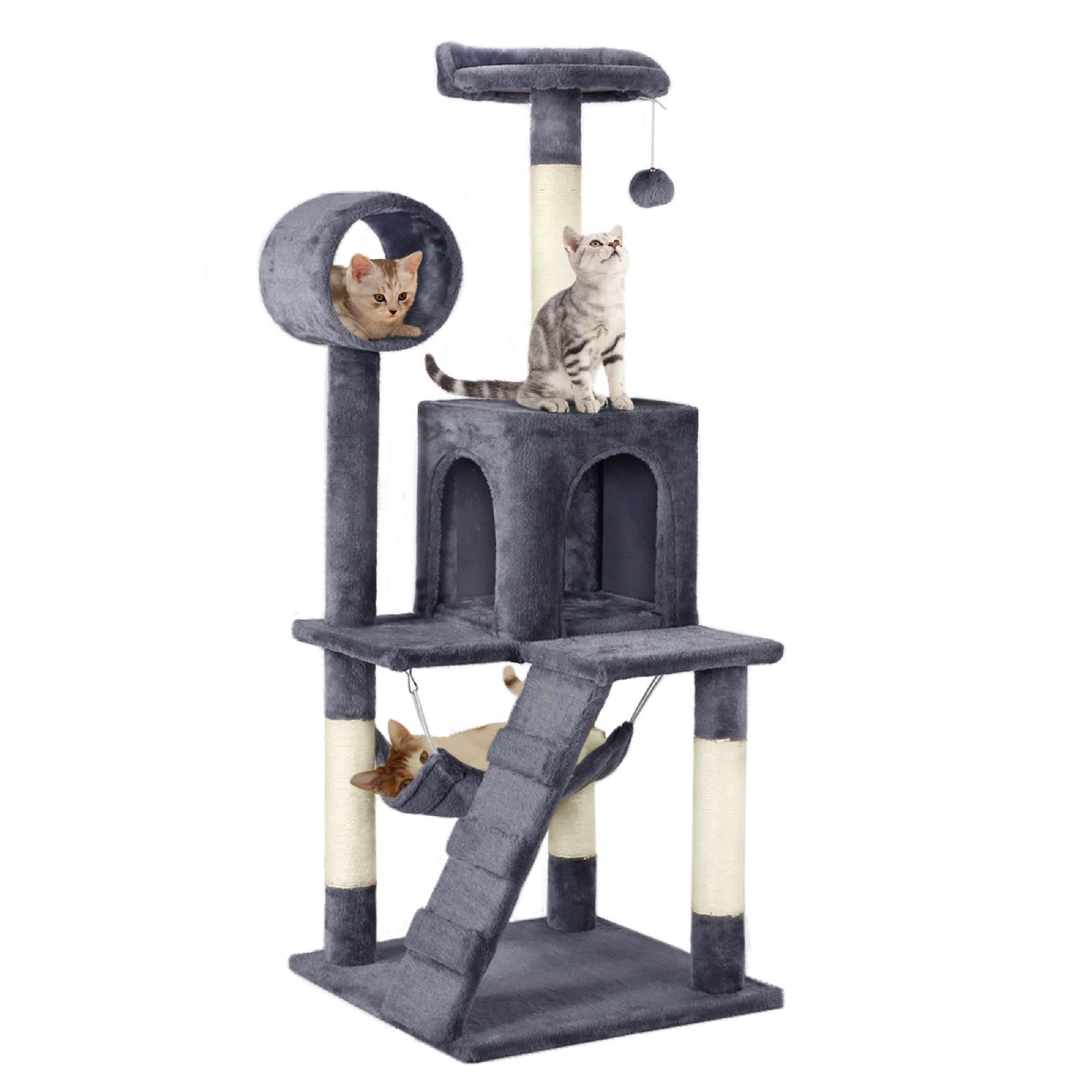 Topeakmart Dark Gray Plush Cat Tree Condo with Hammock Tunnel， 51