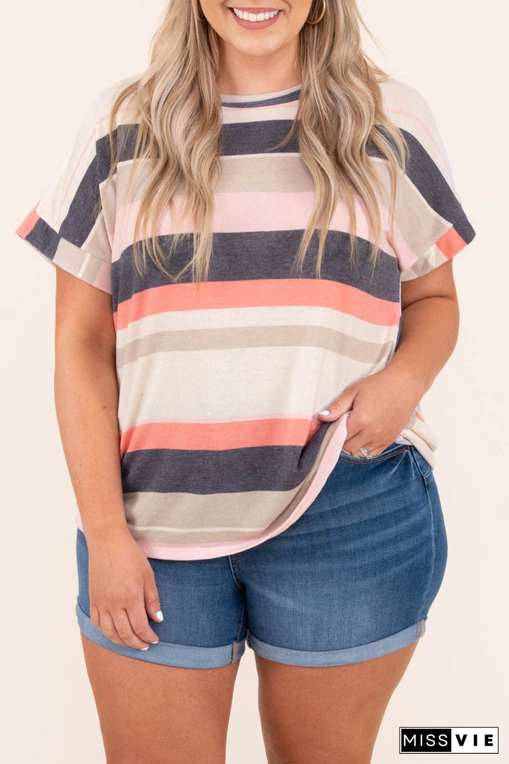 Plus Size Striped Colorblock Print T-shirt