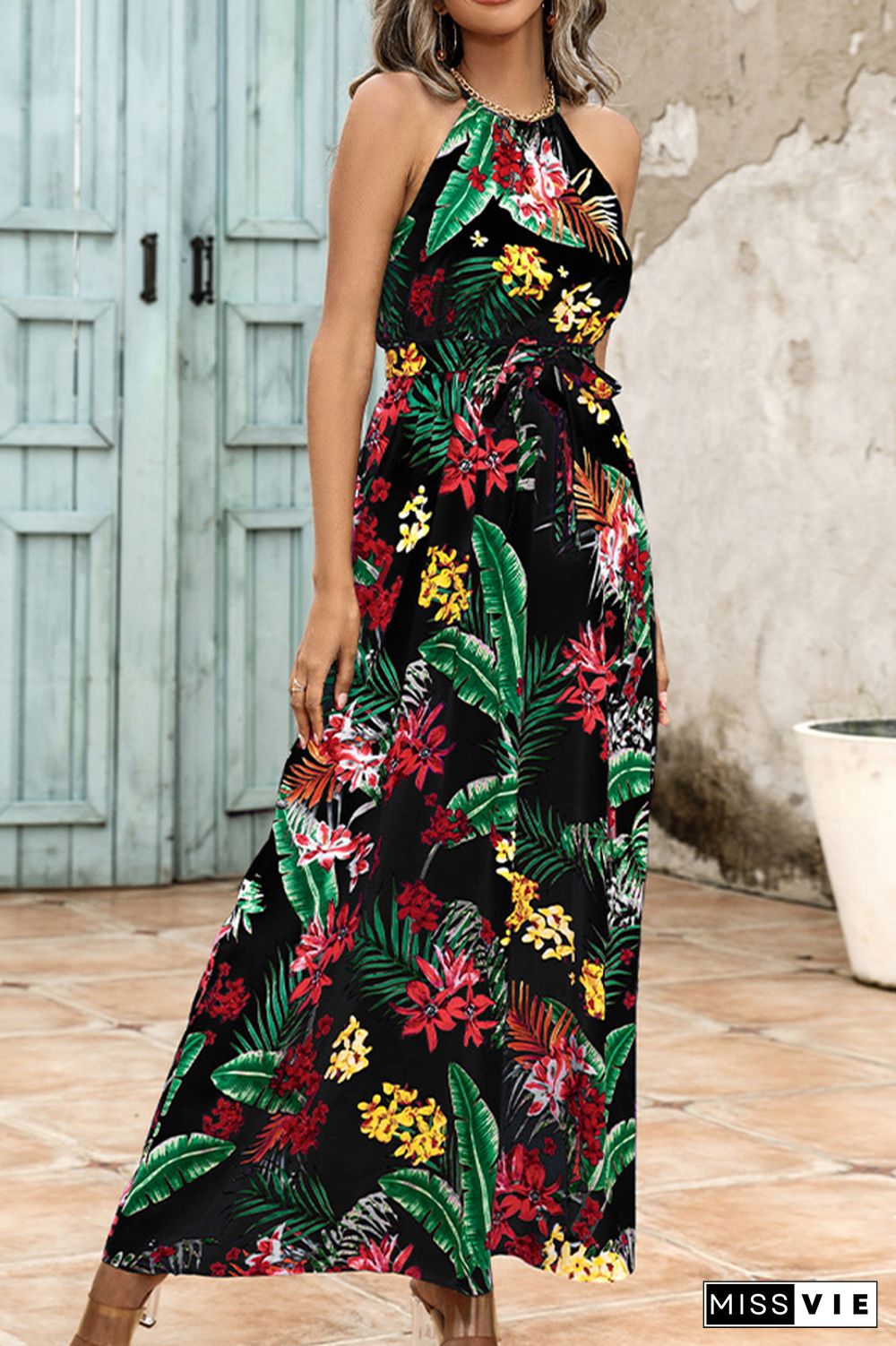 Floral Print Halter High Waist Maxi Dress Wholesale