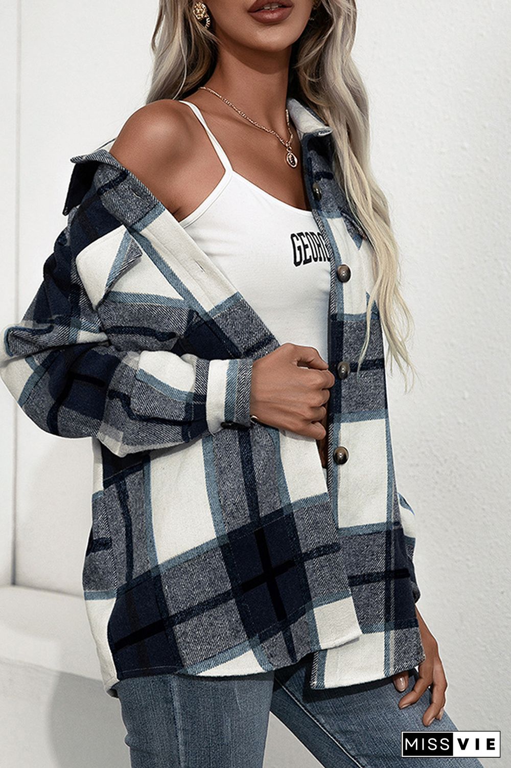 Plaid Button Down Pocketed Shacket Jacket Coats Women Wholesale