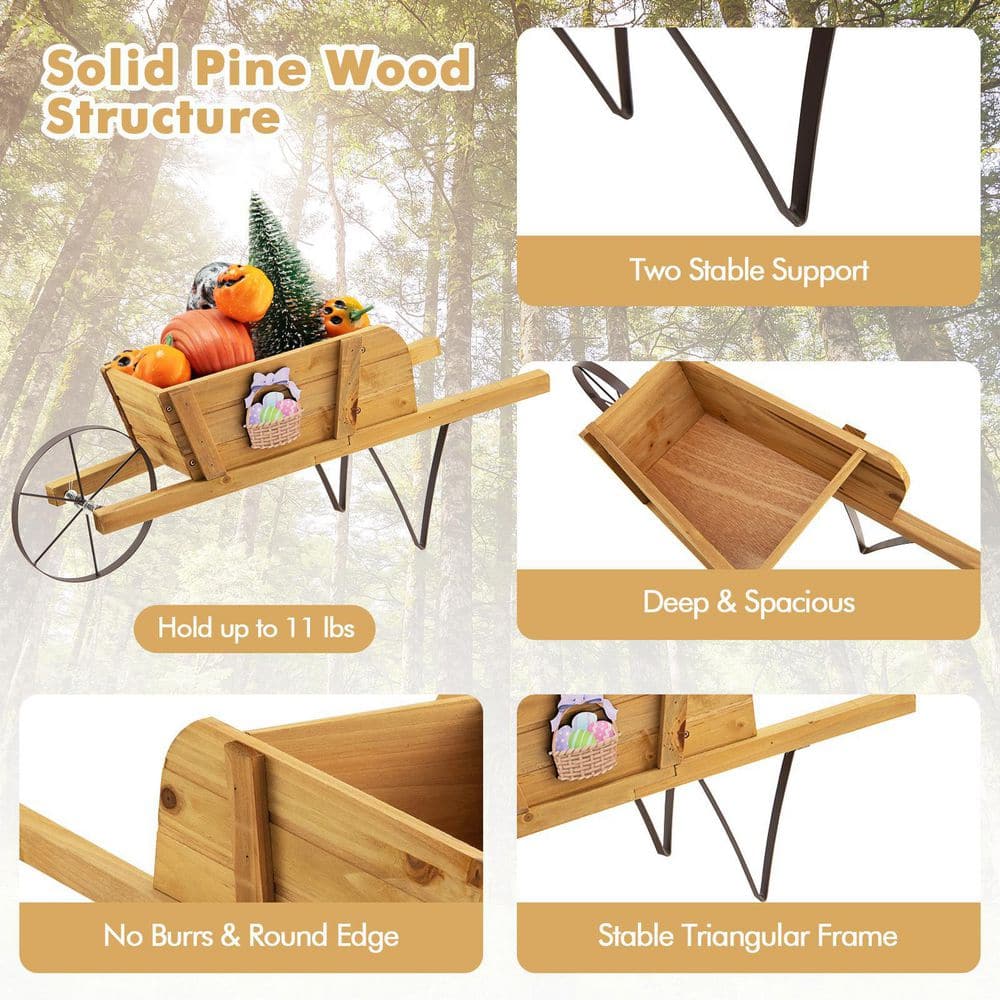 HONEY JOY Walnut Flower Pot Wheelbarrow Planter Solid Pine Wood Wagon Planter TOPB006449