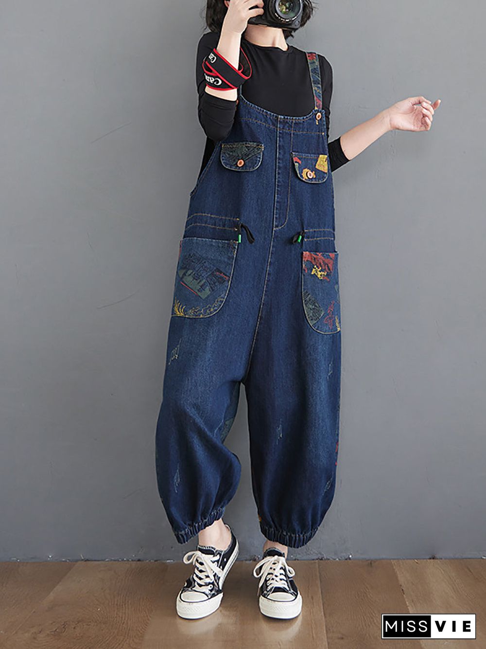 Women Casual Retro Print Pocket Loose Spliced Denim Jumpsuits